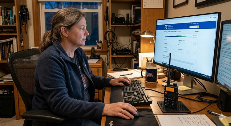 How to get a GMRS license showing the FCC application process on a laptop screen