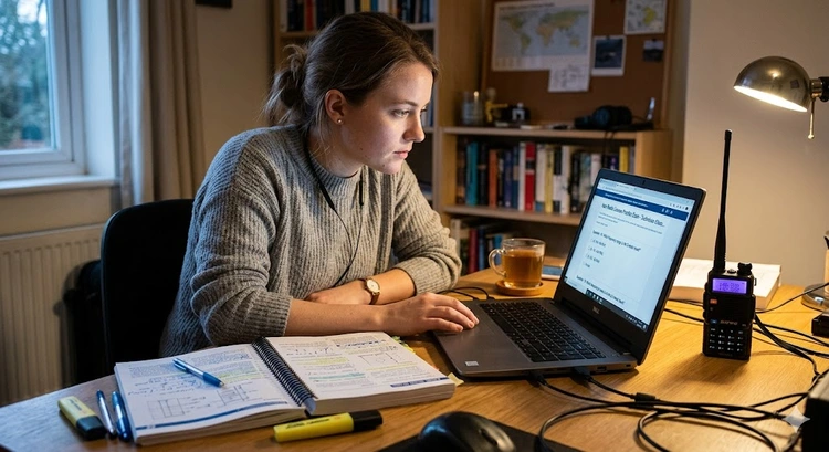 Ham radio technician license study materials and a Baofeng handheld radio on a desk