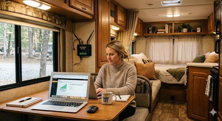 how to get wifi in your rv showing a dedicated LTE router and external antenna mounted inside an RV cab
