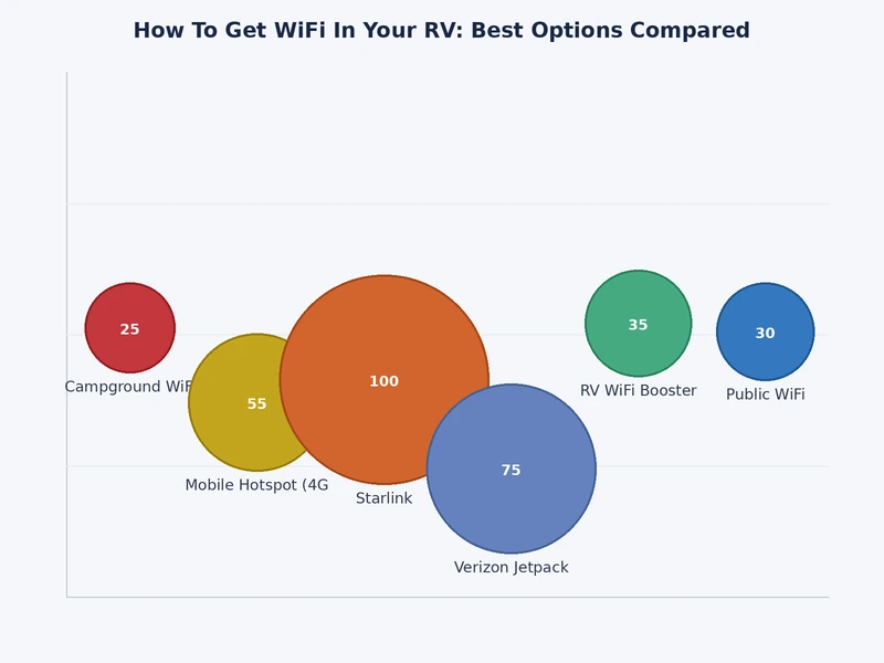 bar chart comparing RV WiFi options by average speed monthly cost and coverage area including cellular hotspot satellite and campground WiFi
