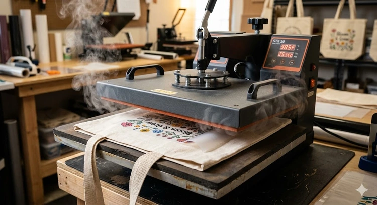 heat press canvas bags setup with HTV transfer aligned on a natural cotton tote bag ready for pressing