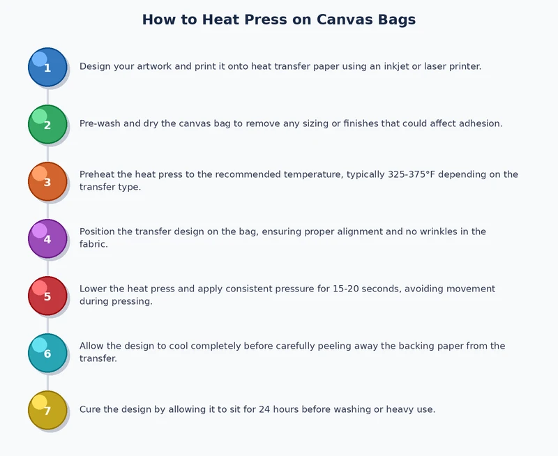 step-by-step process diagram for heat pressing canvas bags showing pre-press placement pressing and peel sequence