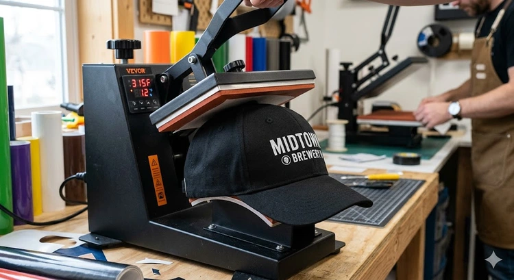 heat press hats and caps setup with curved hat platen attachment on a swing-away press