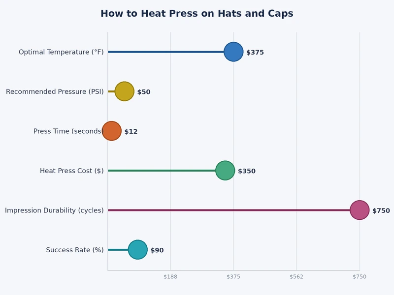 chart showing recommended heat press temperature pressure and time settings for different hat materials and vinyl types