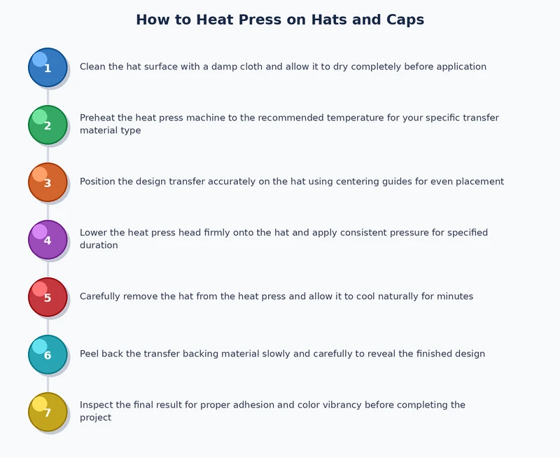step by step process diagram for heat pressing hats and caps showing pre-press positioning transfer and peel steps