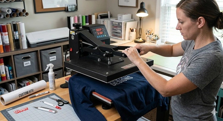 how to heat press hoodies with HTV vinyl on a fleece sweatshirt using a swing-away press