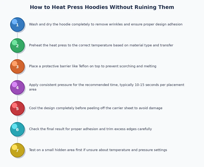 process diagram showing how to heat press hoodies step by step from pillow placement to peel