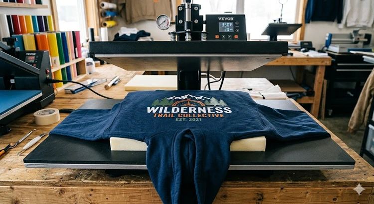 heat press hoodies sweatshirts setup with HTV transfer positioned on cotton fleece hoodie platen