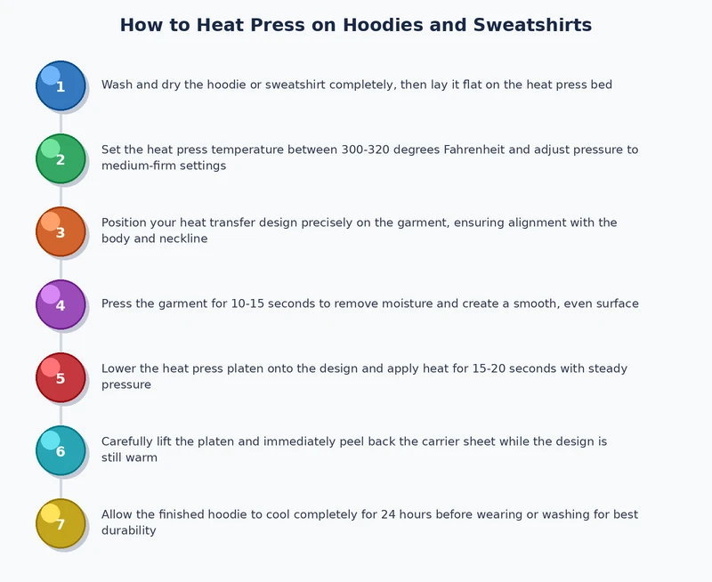 process diagram showing step by step heat press hoodies sweatshirts workflow from pre-press to peel