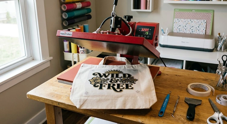 Heat press machine applying a vinyl transfer to a canvas tote bag on a flat platen