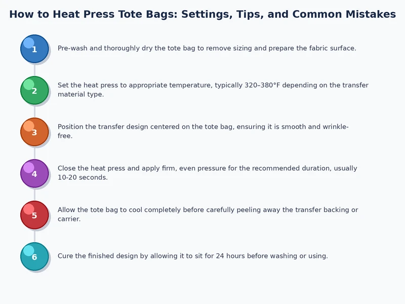 Process diagram showing five steps of heat pressing a tote bag from pre-press through final inspection