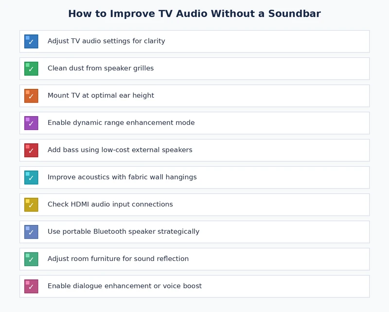 TV audio upgrade checklist covering settings, connection types, and hardware selection steps