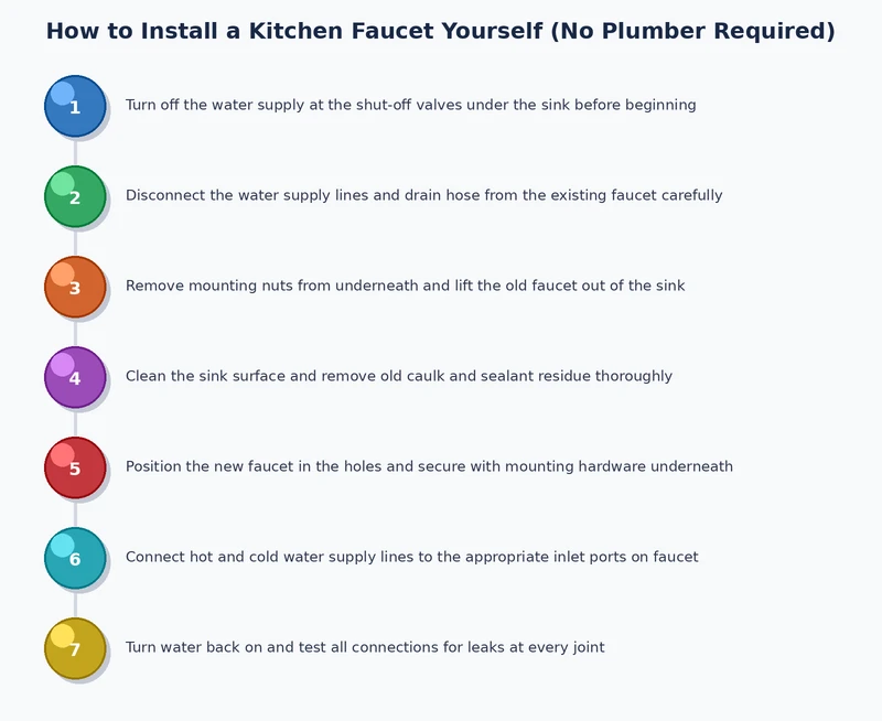process diagram for how to install a kitchen faucet showing shutoff valve to mounting to supply line connection to leak test