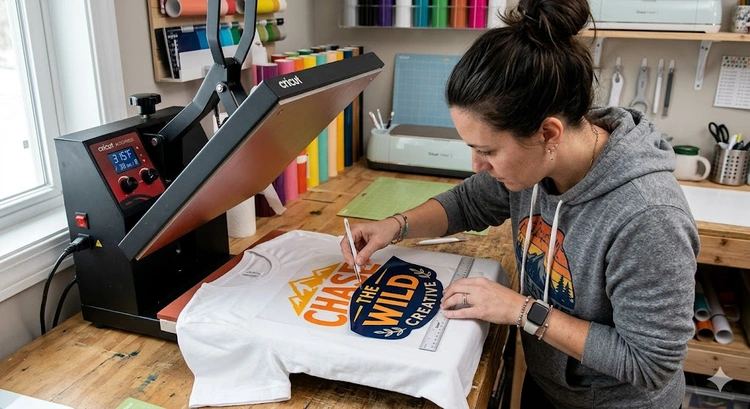 layering heat transfer vinyl multi-color design on fabric with heat press