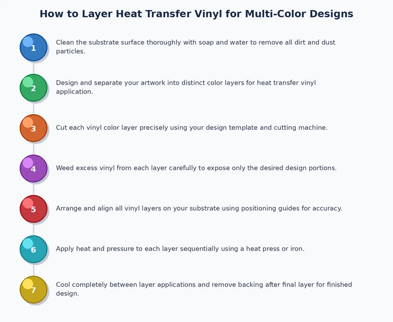 step-by-step process diagram for layering heat transfer vinyl colors in sequence