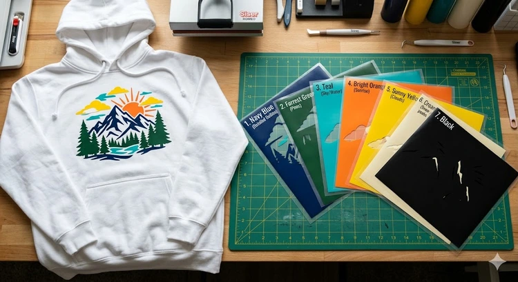 how to layer HTV vinyl multi-color stack on heat press platen showing material layers