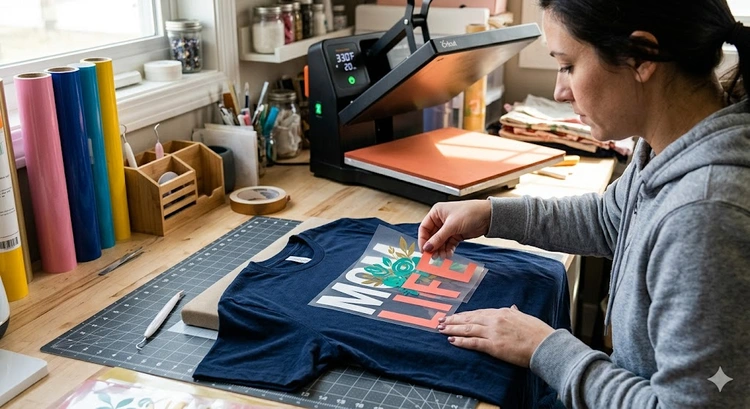 Layering HTV vinyl on a heat press with multiple colors applied in sequence on a t-shirt