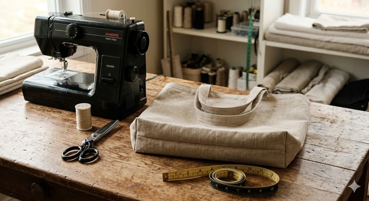 finished canvas tote bag made with a sewing machine on a wooden worktable