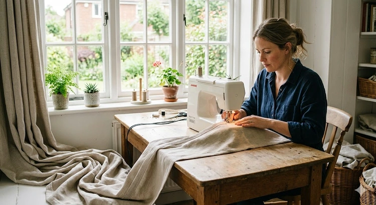 how to make curtains with sewing machine on a home sewing setup with fabric and tools