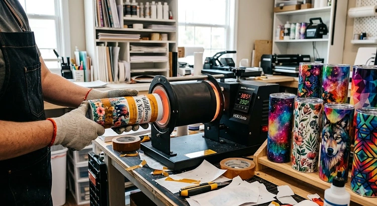 heat press custom tumblers setup with sublimation transfer paper wrapped around a stainless steel tumbler blank