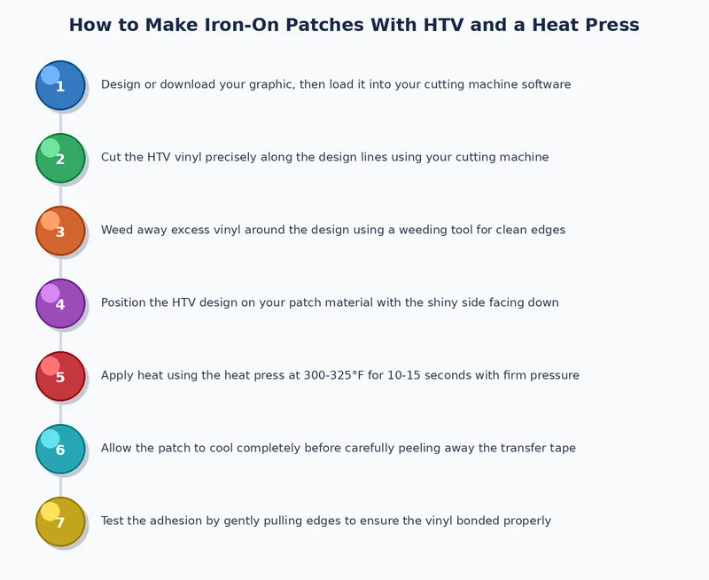 step-by-step process diagram for making iron-on patches with HTV showing design cutting weeding positioning and heat pressing stages