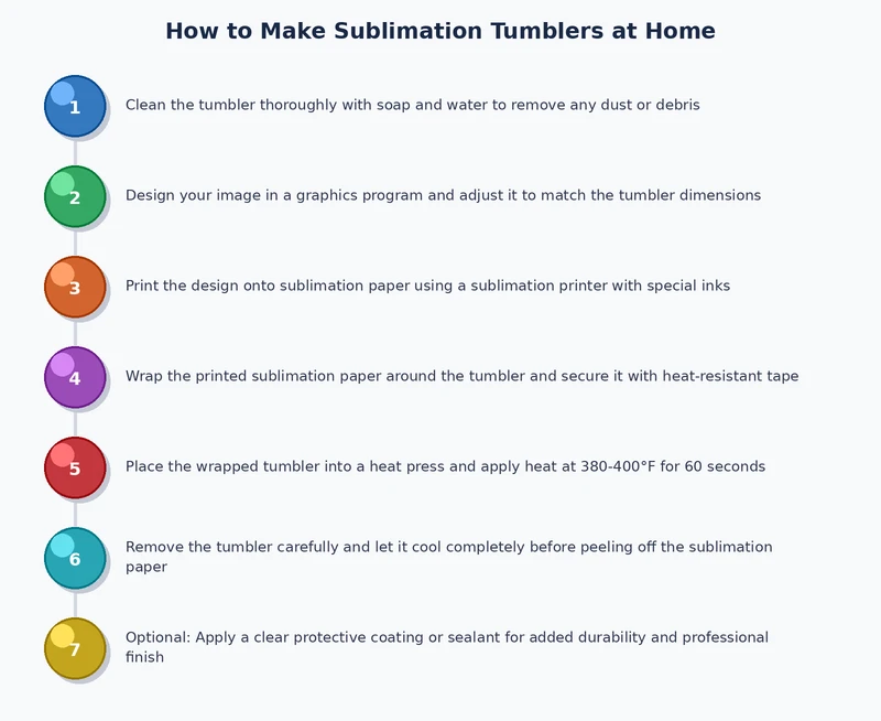 sublimation tumbler process diagram showing design print, wrap application, heat press, and peel steps