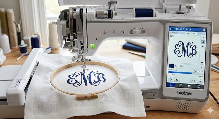embroidery machine stitching a monogram onto white fabric step by step