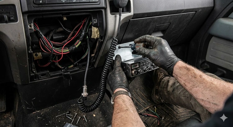 CB radio mounted in a truck cab showing wiring and antenna connection for how to mount cb radio in truck guide