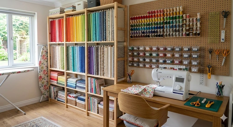 organized sewing supplies including thread racks, labeled bins, and folded fabric on shelves