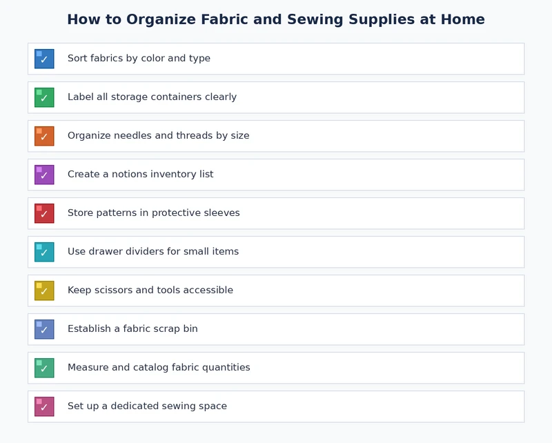 sewing supply organization checklist with categories for thread, fabric, notions, and cutting tools