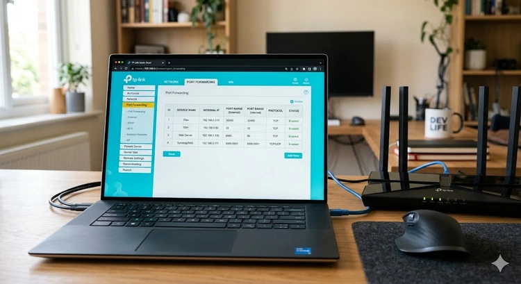 Router admin panel open to port forwarding settings screen demonstrating how to port forward on router