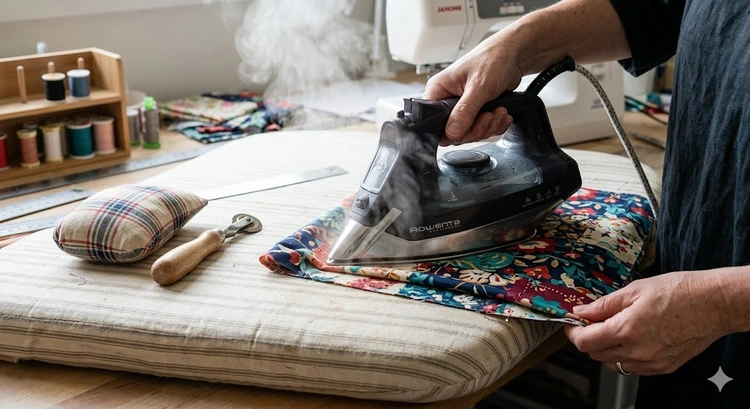 pressing fabric with a steam iron on a padded ironing board before sewing
