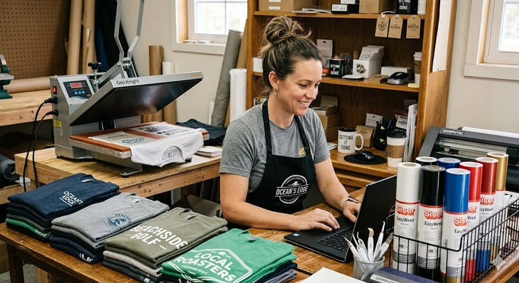 Workspace showing how to price custom t-shirts with a calculator, blank shirts, and heat press