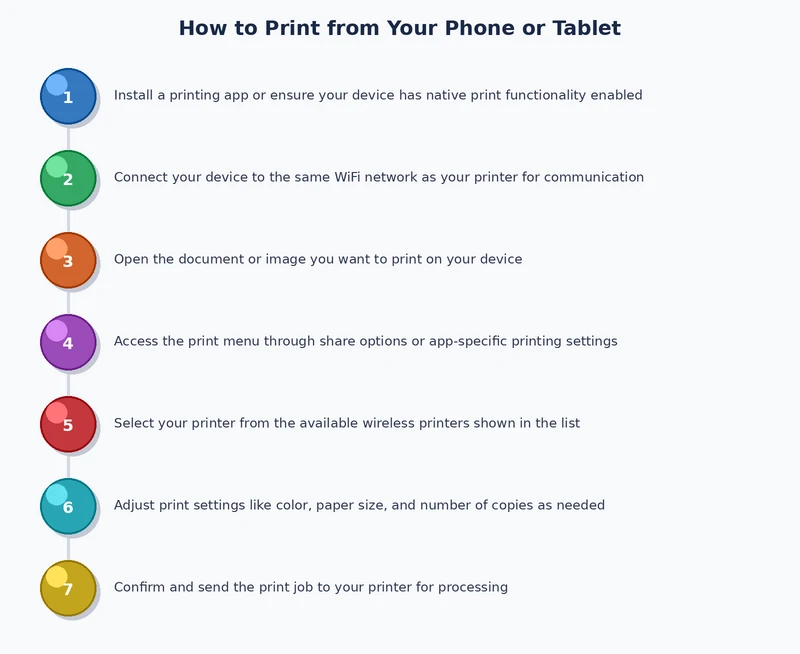 step-by-step process diagram showing how to print from phone to printer on both iOS and Android