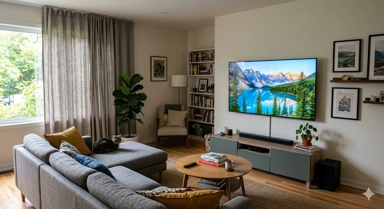 how to reduce tv glare in living room using window shades and screen tilt adjustment