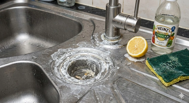 hard water stains on kitchen sink faucet and drain area before cleaning