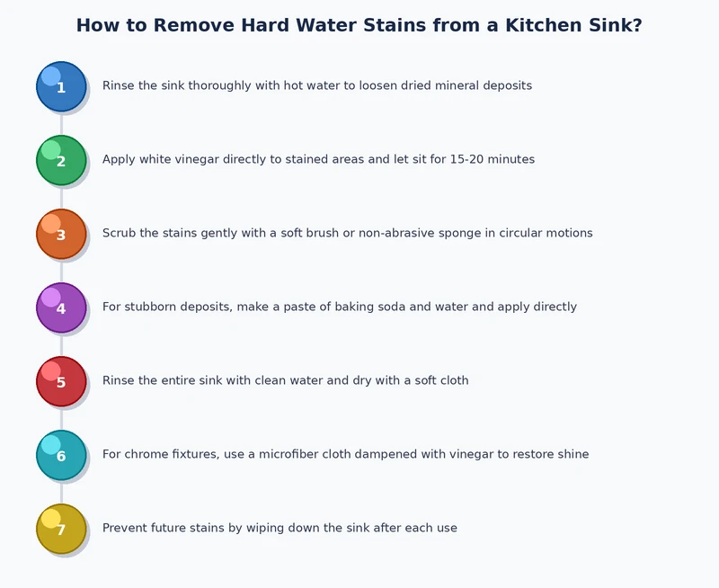 step-by-step process diagram for removing hard water stains from a kitchen sink by severity level