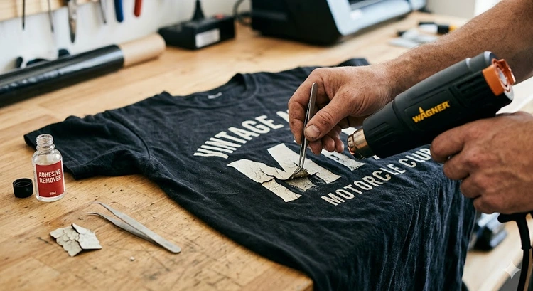 how to remove heat press vinyl from shirt using a heat gun and plastic weeding tool on cotton fabric