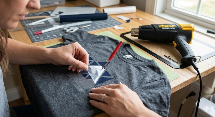 Demonstrating how to remove heat transfer vinyl from shirt using an iron and tweezers