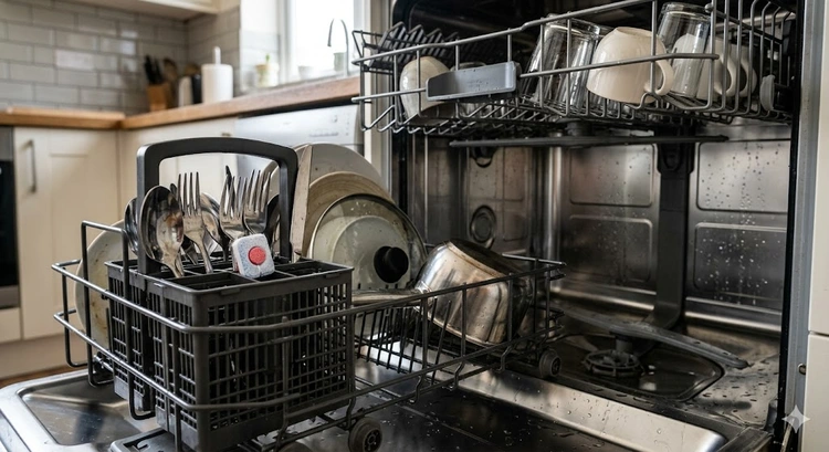 how to clean a dishwasher — white vinegar, baking soda, and commercial cleaner tablets on a kitchen counter