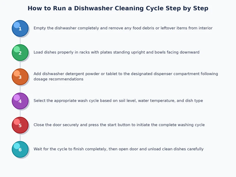 dishwasher cleaning cycle process diagram showing filter removal, spray arm check, vinegar bowl placement, and hot cycle selection