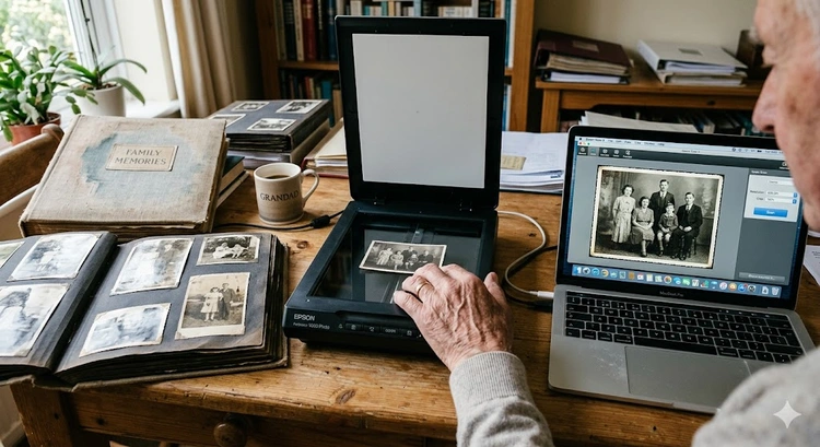 how to scan old photos to digital using a flatbed scanner on a desk