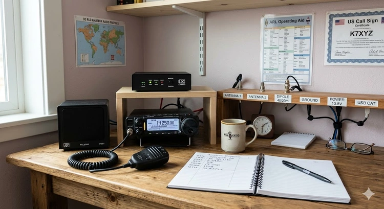 Beginner ham radio shack setup with HF transceiver, power supply, and antenna tuner on a desk