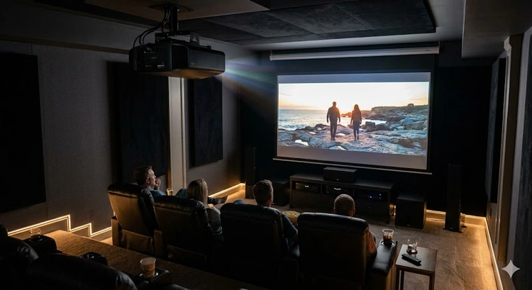 how to set up home theater projector with screen mounted on wall in darkened living room