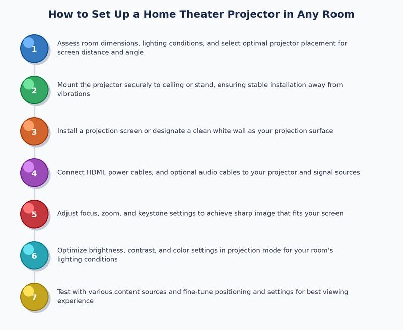 home theater projector setup process diagram showing throw distance calculation, screen mounting, and signal chain routing
