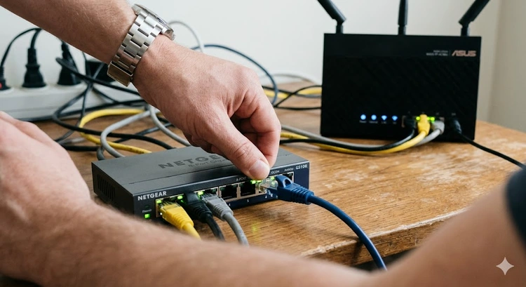 How to set up a network switch at home — gigabit switch with multiple ethernet cables on a desk