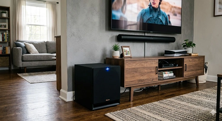how to set up subwoofer with soundbar showing wireless pairing between a modern soundbar and subwoofer unit