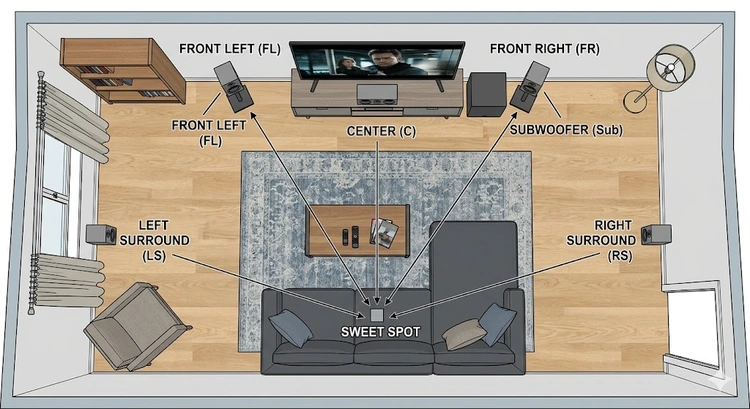 how to set up surround sound system showing receiver connected to five speakers and subwoofer in living room