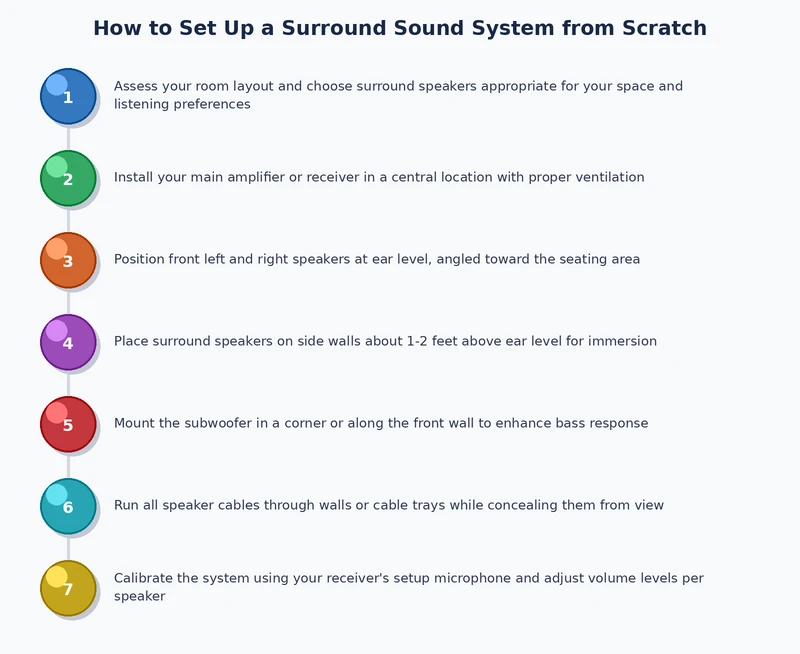 surround sound setup process diagram showing five steps from component selection to auto-calibration