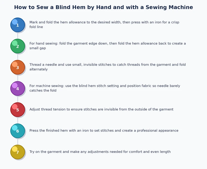 step-by-step process diagram showing hand and machine blind hem techniques side by side